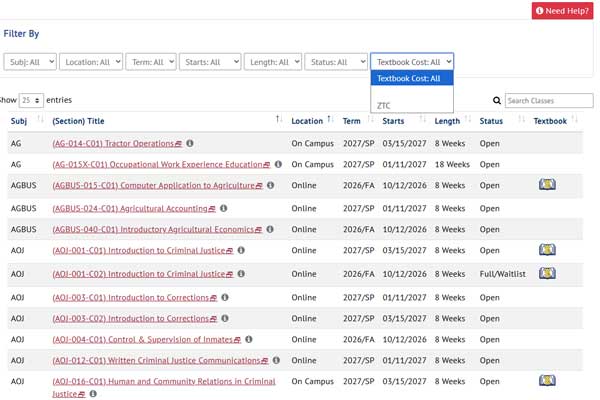 Screenshot of the public course schedule search screen where students begin looking for classes.
