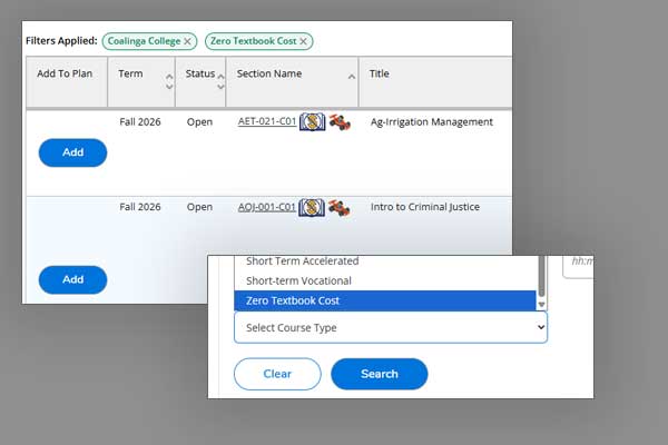Screenshot showing where the ZTC designation is shown and using course type - zero textbook cost filter in self service (login required)